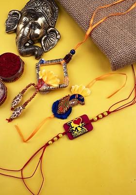 Red Set Of 3 Bhaiya Bhabhi Beaded Lumba And Thread Rakhis With Roli Chawal