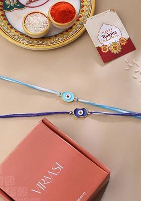 Blue Set Of 3 Evil Eye Thread Rakhi With Teddy Bear And Roli Chawal
