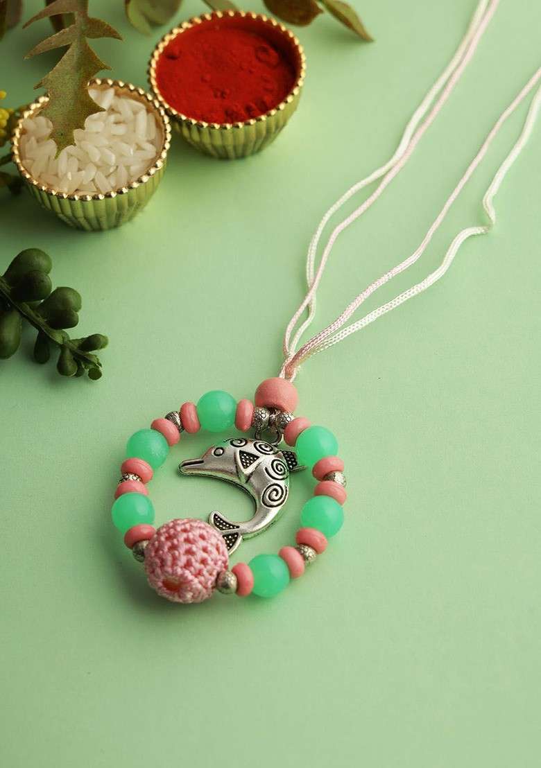 Pink Girls Beaded Thread Rakhi - Indya