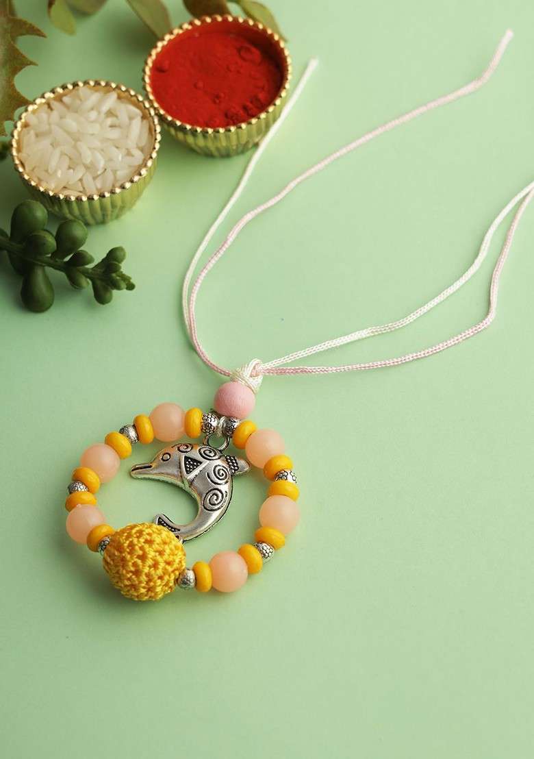 Yellow Girls Beaded Thread Rakhi - Indya