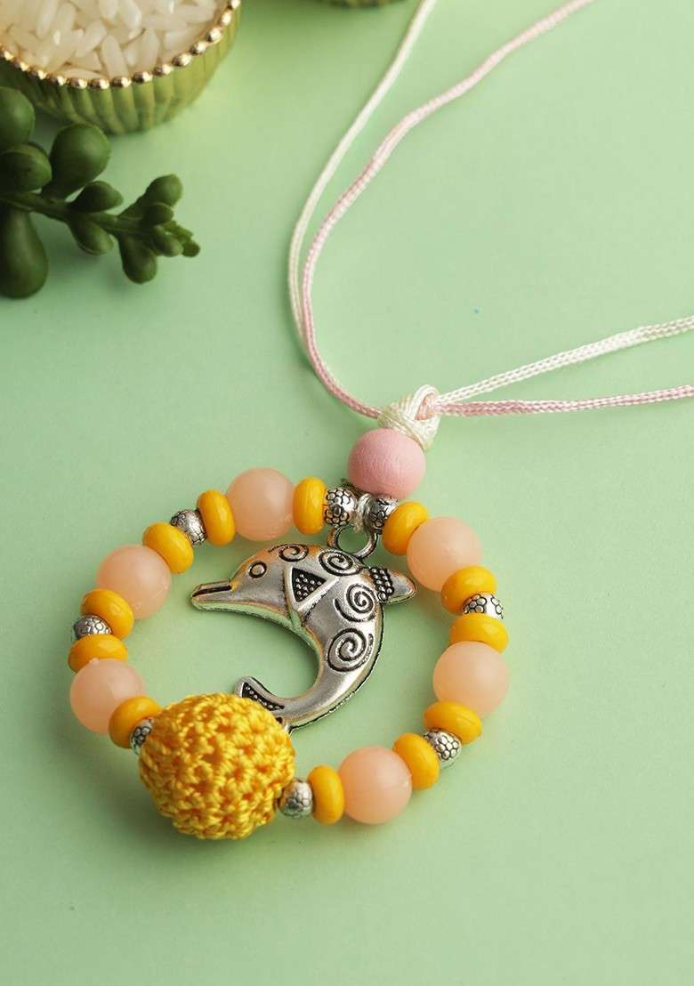 Yellow Girls Beaded Thread Rakhi - Indya