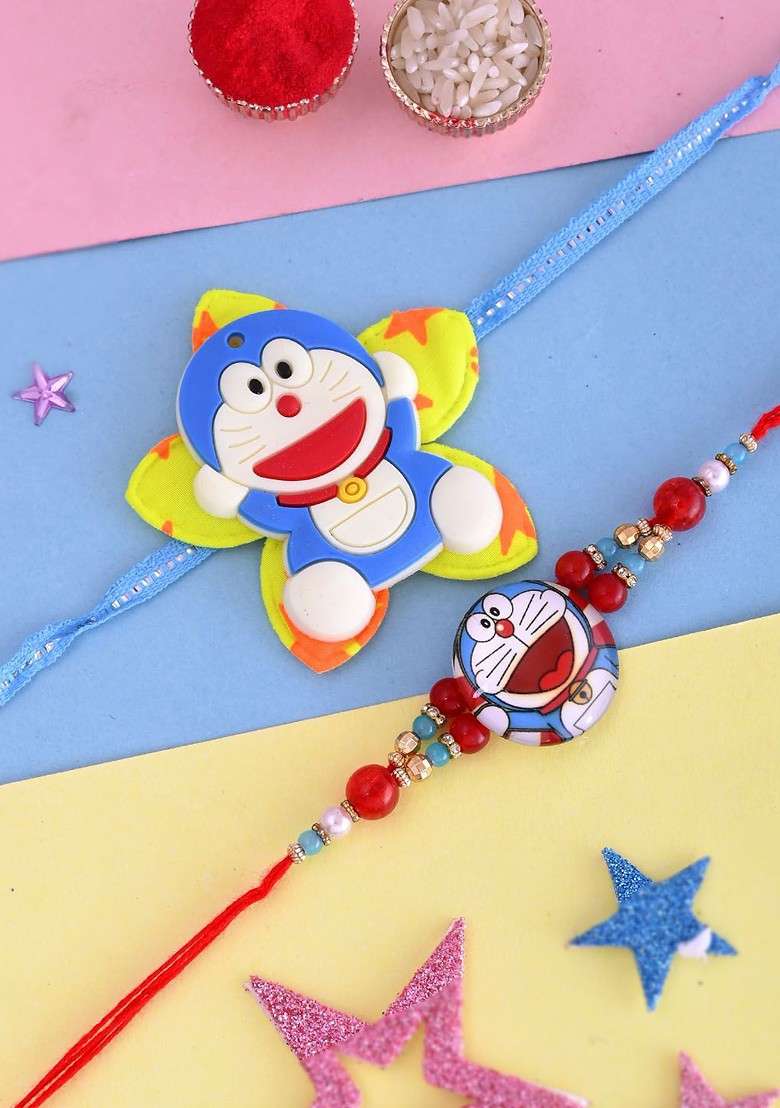 Blue Kids Set Of 2 Doraemon Thread Rakhis With Roli Rice And Greeting Card - Indya