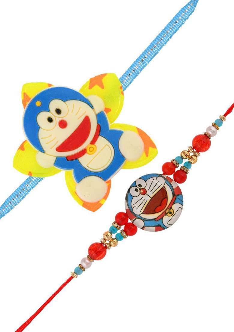 Blue Kids Set Of 2 Doraemon Thread Rakhis With Roli Rice And Greeting Card - Indya
