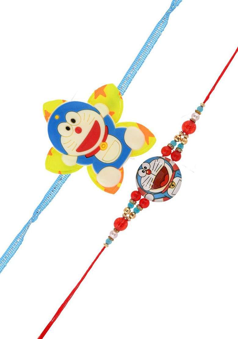 Blue Kids Set Of 2 Doraemon Thread Rakhis With Roli Rice And Greeting Card - Indya
