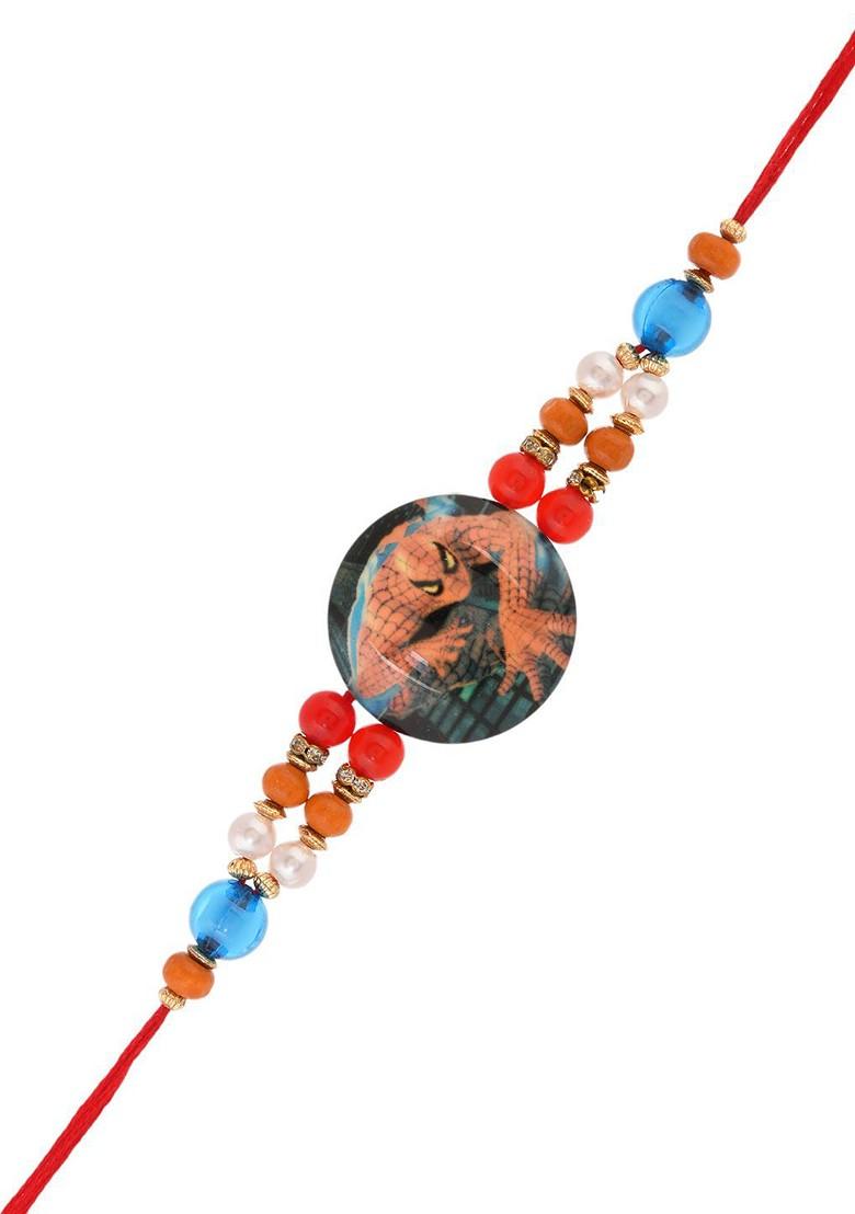 Black Kids Spiderman Beaded Thread Rakhi With Roli Rice And Greeting Card
