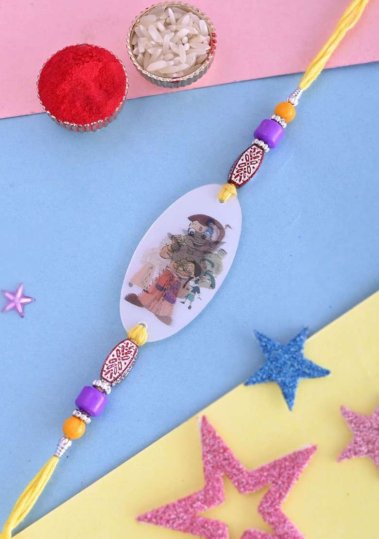 Purple Kids Chota Bheem Beaded Thread Rakhi With Roli Rice And Greeting Card - Indya