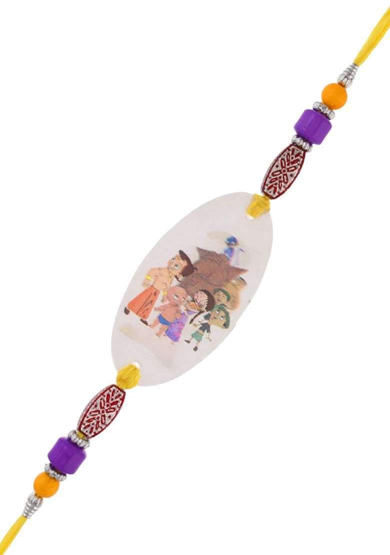 Purple Kids Chota Bheem Beaded Thread Rakhi With Roli Rice And Greeting Card - Indya