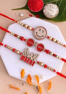 Set Of 3 Beaded Rakhi With Roli Chawal And Greeting Card