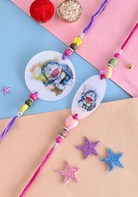 Set Of 2 Doreamon Beaded Rakhis With Roli Chawal