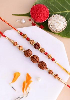Set Of 2 Beaded Rakhis With Roli Chawal And Greetings Card