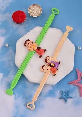 Set Of 2 Chota Bheem And Chutki Rakhi With Roli Chawal And Greetings Card