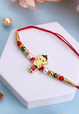 Gold Goldplated Ganesh Shaped Beaded With Thread Rakhi With Roli Chawal