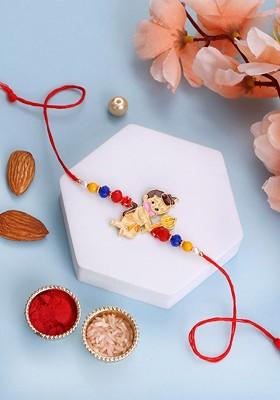 Gold Goldplated Hanuman Shaped Brass Thread Rakhi With Roli Chawal