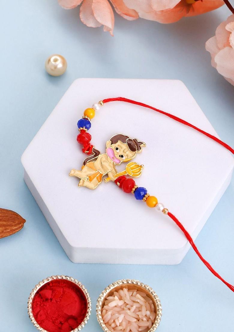 Gold Goldplated Hanuman Shaped Brass Thread Rakhi With Roli Chawal - Indya