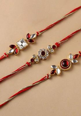 Set Of 3 Stone Studded Rakhis With Greeting Card