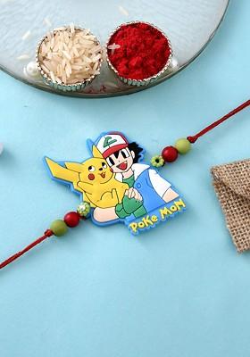 Kids Pokemon Sticker Charm Rakhi With Roli Chawal And Greeting Card