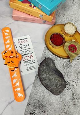Kids Dinosaur Design Slap Band Rakhi With Roli Chawl And Card Gift Set