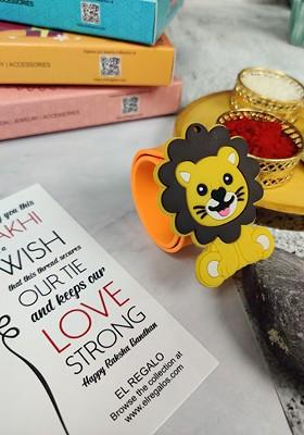 Kids Lion Design Slap Band Rakhi With Roli Chawl And Card Gift Set