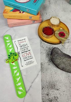 Kids Dinosaur Design Slap Band Rakhi With Roli Chawl And Card Gift Set