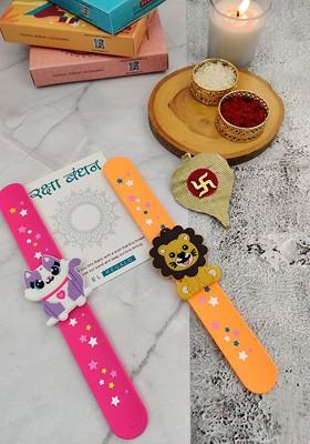 Kids Set Of 2 Lion And Cat Design Slap Band Rakhi With Roli Chawl And Card Gift Set