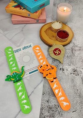 Kids Set Of 2 Dinosaur Design Slap Band Rakhi With Roli Chawl And Card Gift Set