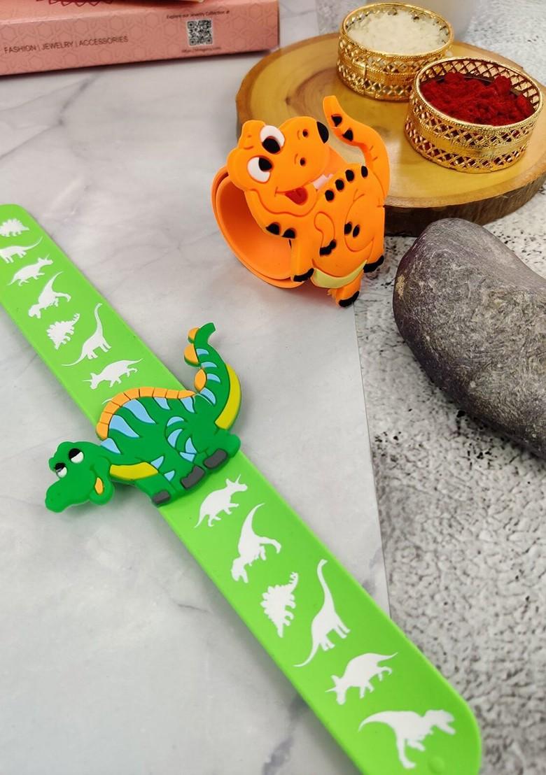 Kids Set Of 2 Dinosaur Design Slap Band Rakhi With Roli Chawl And Card Gift Set - Indya
