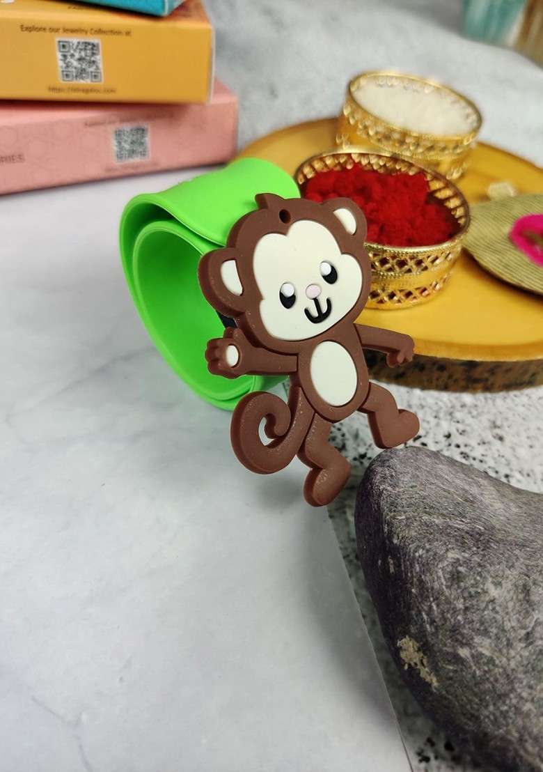 Kids Monkey Design Slap Band Rakhi With Roli Chawl And Card Gift Set - Indya