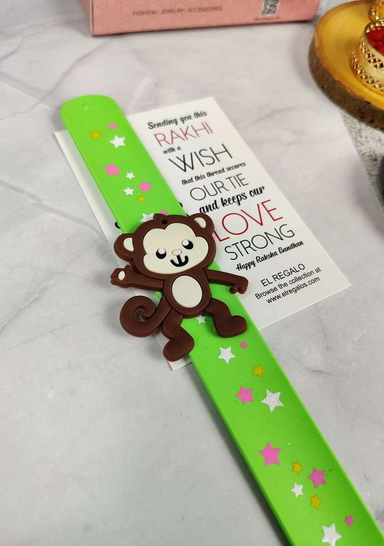 Kids Monkey Design Slap Band Rakhi With Roli Chawl And Card Gift Set - Indya