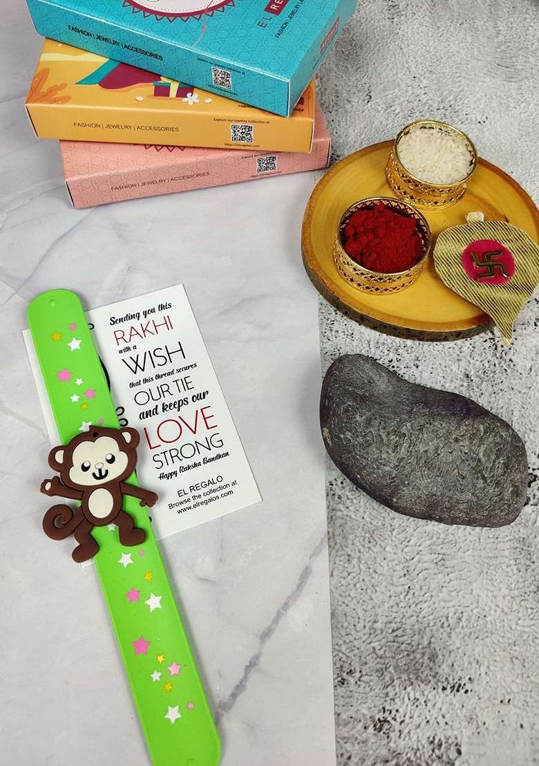 Kids Monkey Design Slap Band Rakhi With Roli Chawl And Card Gift Set - Indya