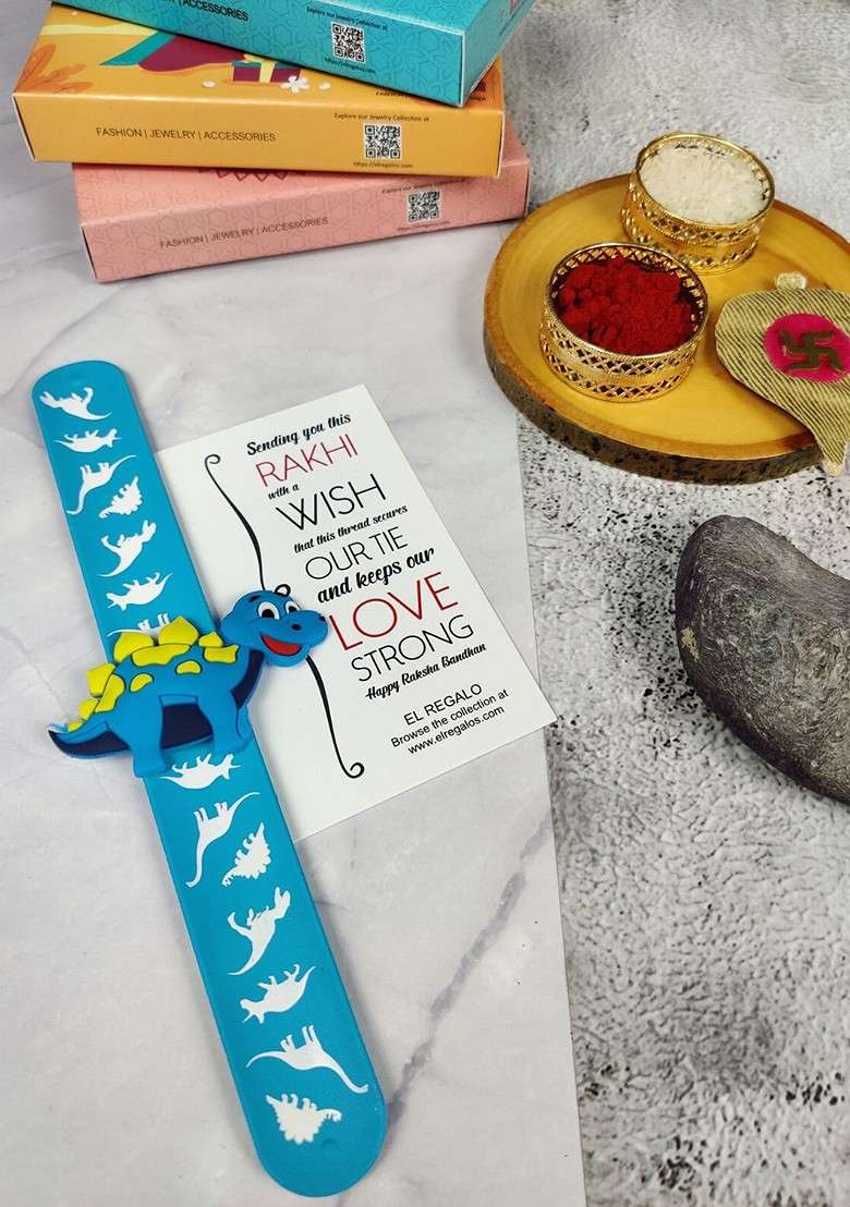 Kids Dinosaur Design Slap Band Rakhi With Roli Chawl And Card Gift Set - Indya
