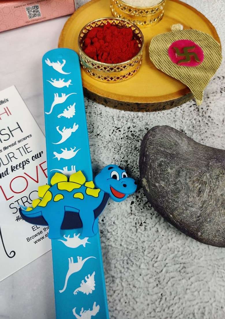 Kids Dinosaur Design Slap Band Rakhi With Roli Chawl And Card Gift Set - Indya