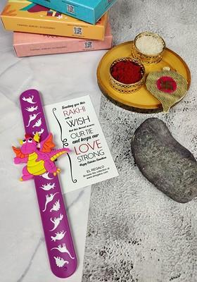 Kids Dinosaur Design Slap Band Rakhi With Roli Chawal And Greeting Card