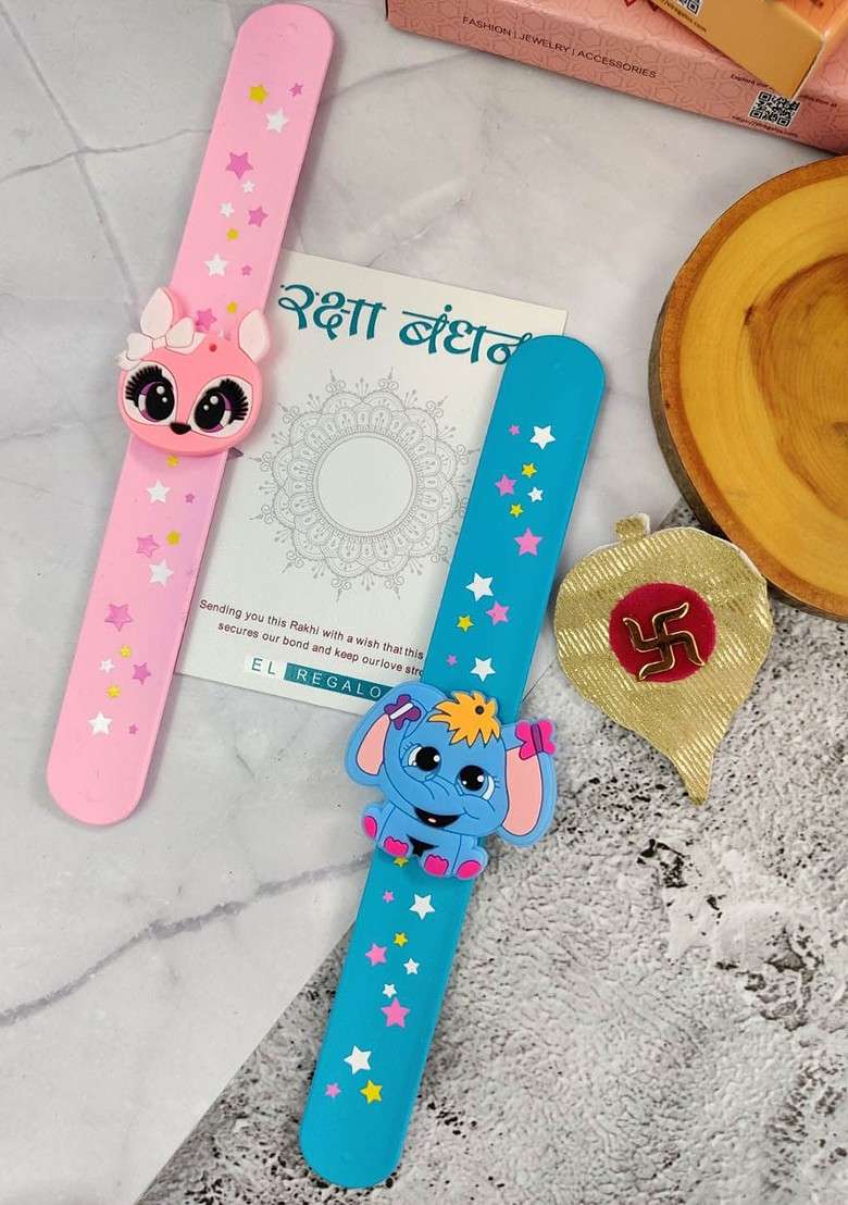 Kids 2 Cat And Elephant Design Slap Band Rakhi With Roli Chawl And Card Gift Set - Indya