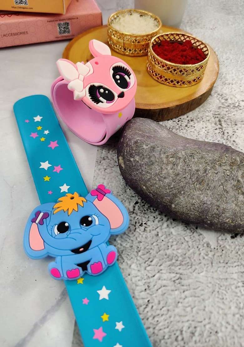 Kids 2 Cat And Elephant Design Slap Band Rakhi With Roli Chawl And Card Gift Set - Indya