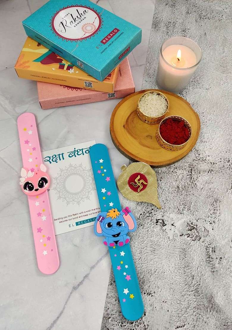 Kids 2 Cat And Elephant Design Slap Band Rakhi With Roli Chawl And Card Gift Set - Indya