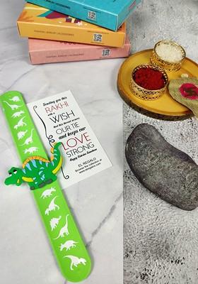 Kids Dinosaur Design Slap Band Rakhi With Roli Chawal And Greeting Card
