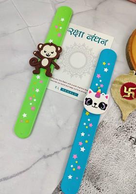 Kids 2 Monkey And Unicorn Design Slap Band Rakhi With Roli Chawl And Card Gift Set