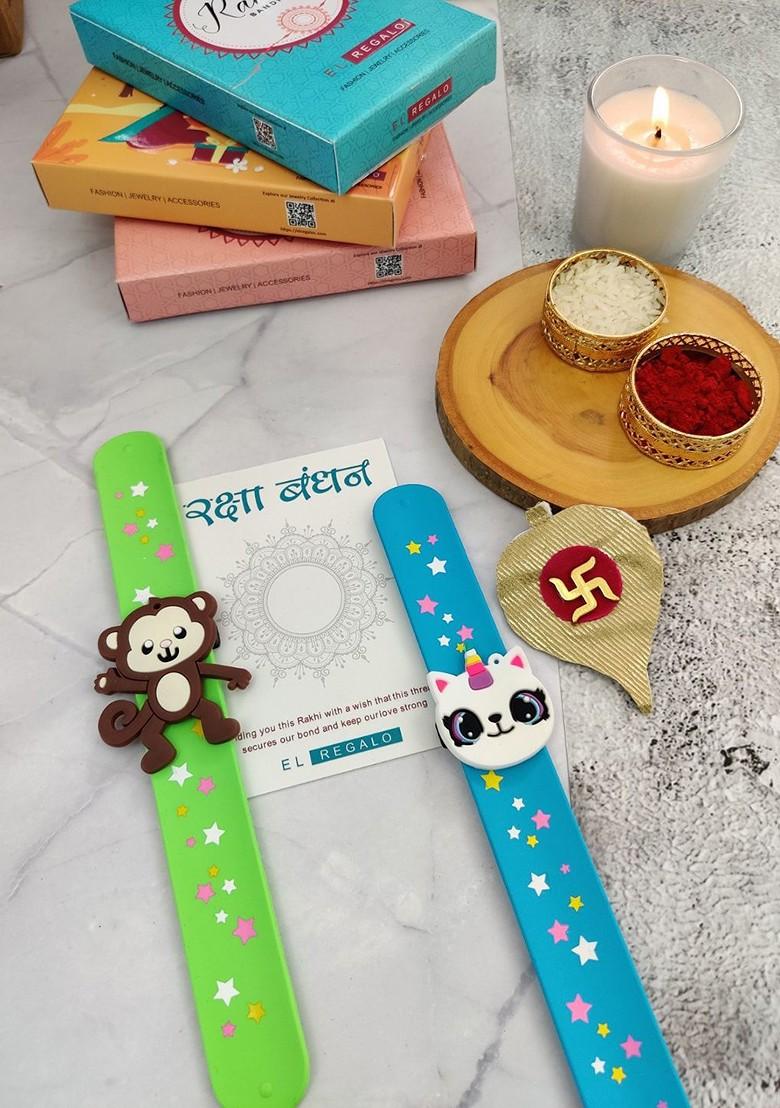 Kids 2 Monkey And Unicorn Design Slap Band Rakhi With Roli Chawl And Card Gift Set - Indya