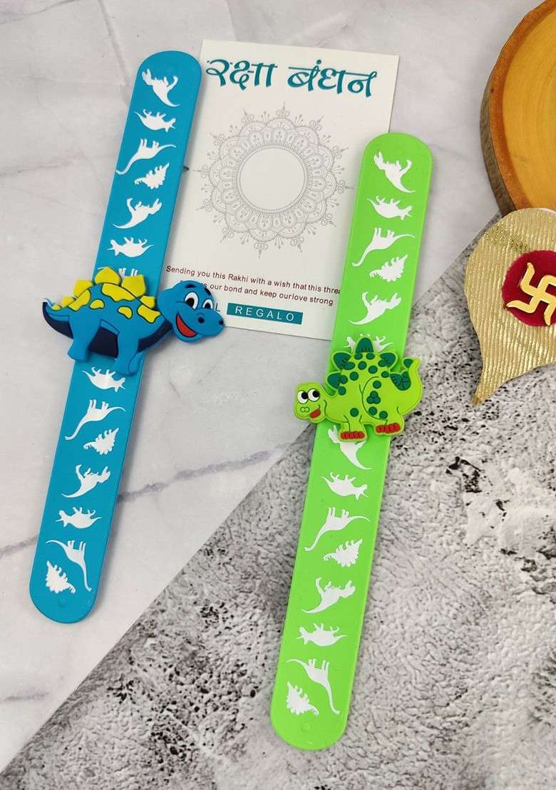 Kids 2 Pcs Dinosaur Design Slap Band Rakhi With Roli Chawl And Card Gift Set - Indya