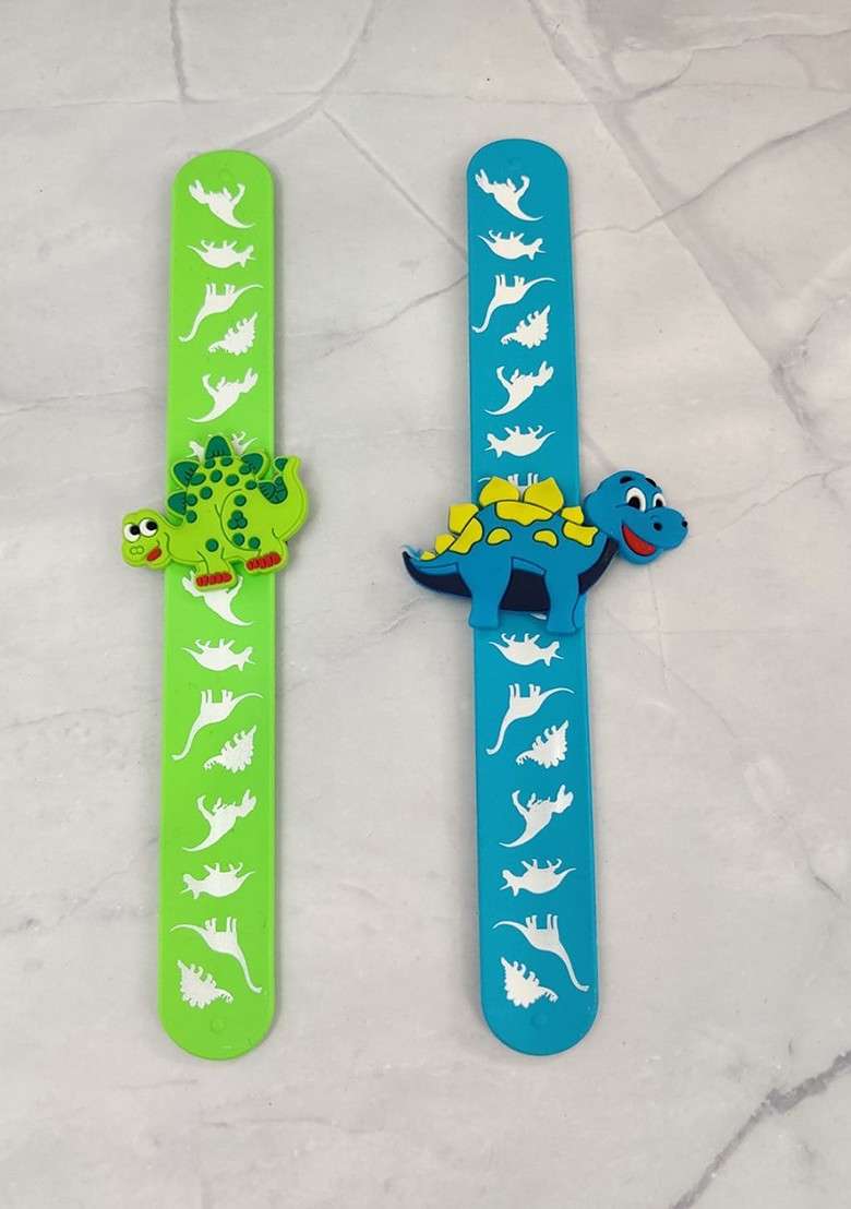Kids 2 Pcs Dinosaur Design Slap Band Rakhi With Roli Chawl And Card Gift Set - Indya