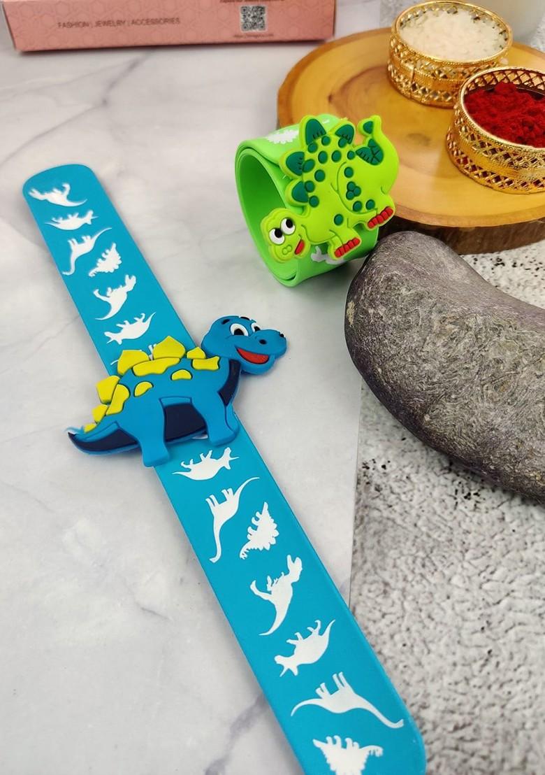 Kids 2 Pcs Dinosaur Design Slap Band Rakhi With Roli Chawl And Card Gift Set