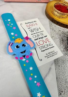 Kids Elephant Design Slap Band Rakhi With Roli Chawl And Card Gift Set