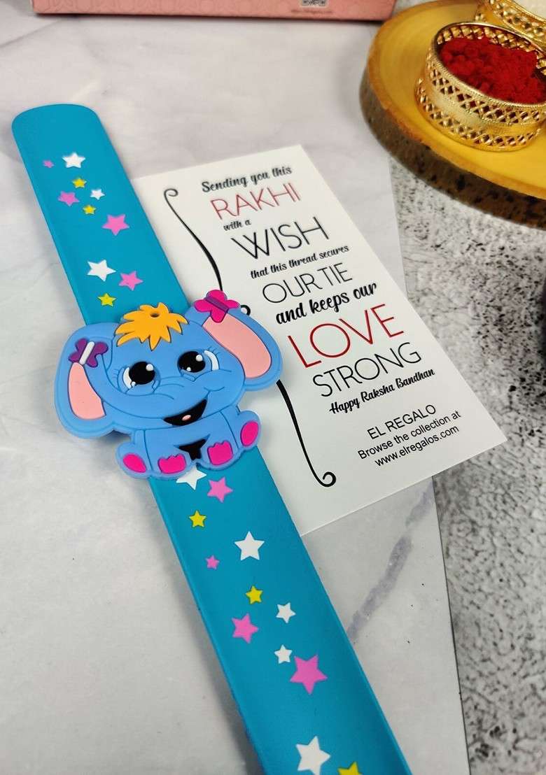 Kids Elephant Design Slap Band Rakhi With Roli Chawl And Card Gift Set - Indya