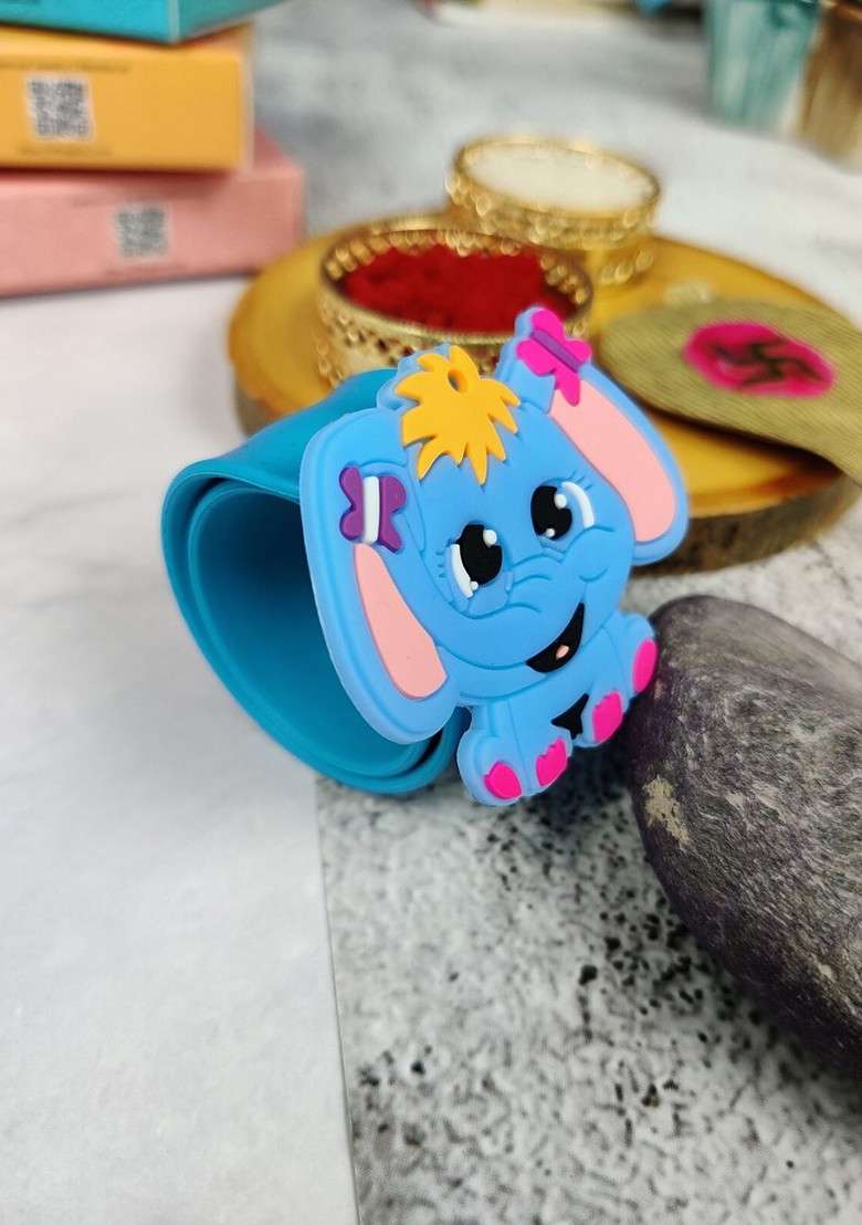 Kids Elephant Design Slap Band Rakhi With Roli Chawl And Card Gift Set - Indya