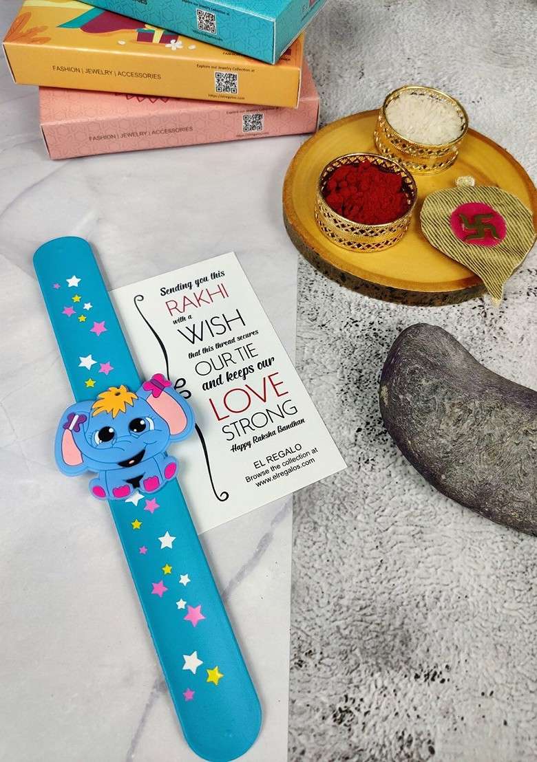 Kids Elephant Design Slap Band Rakhi With Roli Chawl And Card Gift Set - Indya