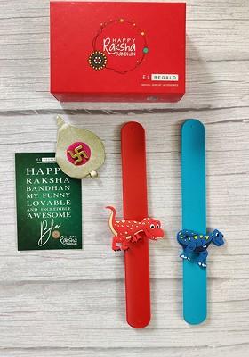 Kids Set Of 2 Dinosaur Silicon Slap Band Rakhi With Greeting Card