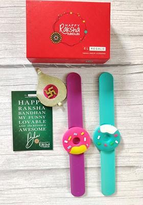 Kids Set Of 2 Donut Shaped Rakhis With Greeting Card And Roli Chawal