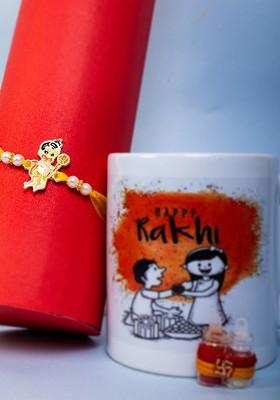 Goldplated Little Hanuman Charm Rakhi With Mug And Roli Chawal
