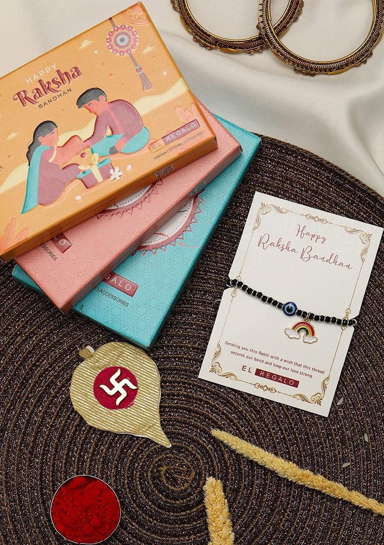 Evil Eye Beaded Rakhi With Roli Rice And Greeting Card - Indya