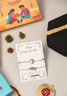 Kids Set Of 2 Unicorn Rakhis With Roli Rice And Greeting Card
